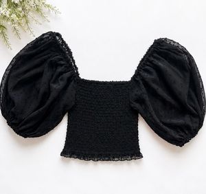 Chic Black Puff Sleeve Smocked Crop Top