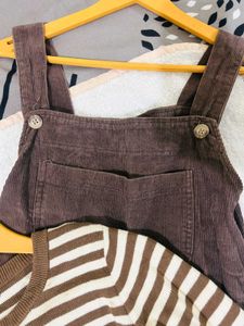 Women's Striped Long Sleeve Top &amp; Brown Overalls