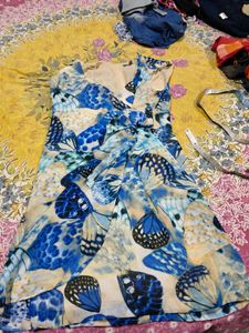 Blue Butterfly Print V-Neck Dress