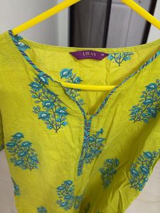 Vibrant Yellow Kurta with Blue Floral Print