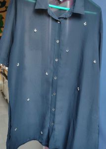 Chic Dark Blue Sheer Button-Up Top