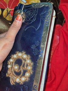 Stylish Blue Wallet with Pearl Embellishment