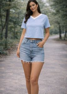 Baby Blue Cropped V-Neck Tee