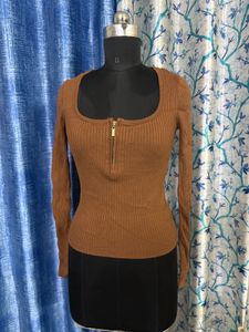 guess Ribbed Knit Zip-Up Top
