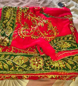 Elegant Red &amp; Green Embroidered Saree with bilauj