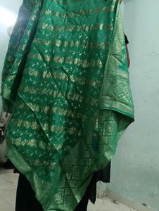 Elegant Green Saree with Gold Floral Print