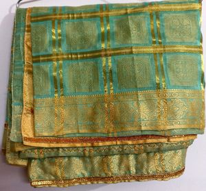 Mint Green &amp; Golden Sari Tissue Saree Ethnic Wear