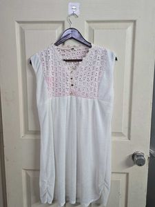 White long Top with Pink Cutout Neck