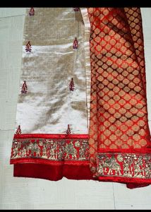 Elegant Cream &amp; Red Silk Saree