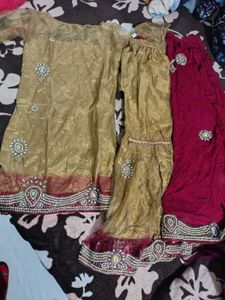 Gold &amp; Red Gharara Suit Set with heavy work