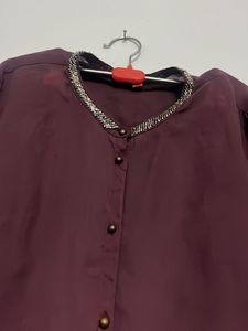 Burgundy Sheer Button-Down Top