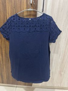 Navy Blue Eyelet Top for Women
