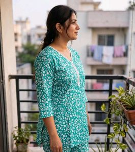 Green Floral Cotton Night Suit