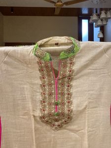 Elegant Beige Kurta with Green &amp; Pink Border