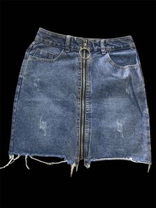Distressed Denim Mini Skirt with Zipper