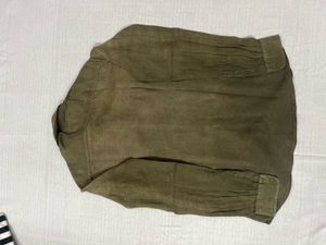 Olive Green Band Collar Linen Shirt