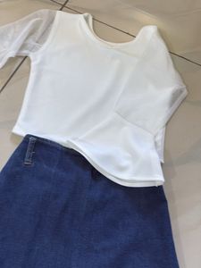 White Mesh Sleeve Top &amp; Denim Skirt Set