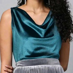 Teal Velvet Cowl Neck Sleeveless Top