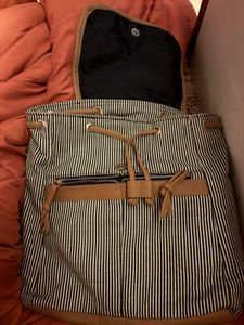 Striped Backpack with Faux Leather Trim