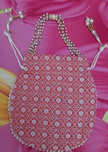Peach Color Floral Potli Bag