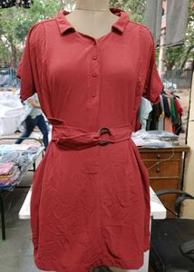 Chic Red Collared Dress with Belt