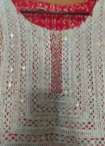 Red Printed Kurta with Embellished Neckline