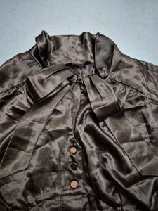Elegant Brown Satin Bow Blouse