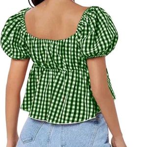 Green Gingham Puff Sleeve Top