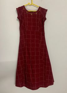 Maroon Checked Cotton A-Line Ethnic Dress