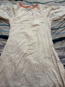 Off-White Cotton Kurti with Lace Sleeves