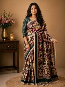 Elegant Floral &amp; Bird Print Saree