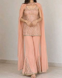 Peach Sequin Embellished Suit Set with Dupatta | S