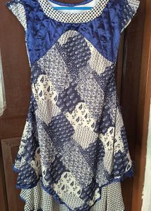 Beautiful Blue &amp; White Printed Umbrella Cut Kurta
