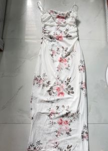White Floral Print Ruched Maxi Dress