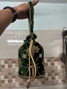 Emerald Green Embroidered Potli Bag