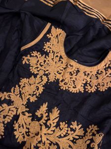 Navy Blue &amp; Gold Embroidered Anarkali Gown | Flare