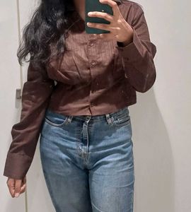 Brown Cropped Button-Up Shirt