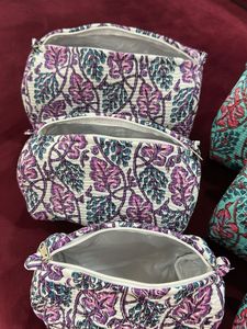 Set of 6 Block Print Floral Quilted Pouches