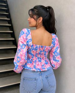 Floral Print Smocked Square Neck Top
