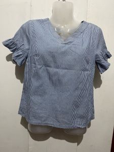 Striped V-Neck Ruffle Sleeve Top