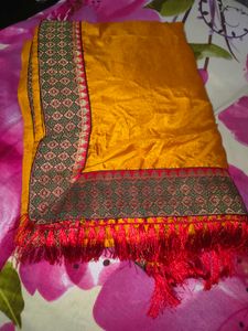Vibrant Yellow &amp; Red Saree with Embellished Blouse