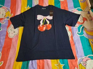 Shein drop shoulder Navy Cherry Print T-shirt