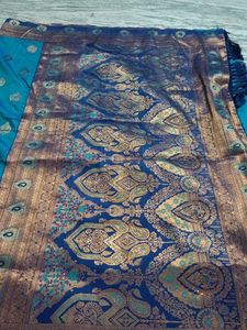 Beautiful Teal Silk Saree with Gold Weave and comp