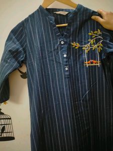 Prakriti Navy Striped Round-Neck Collared Straight