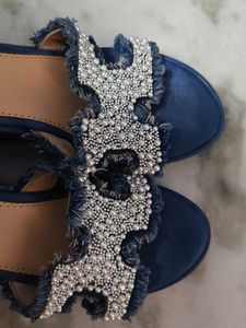 Embellished Denim Slides