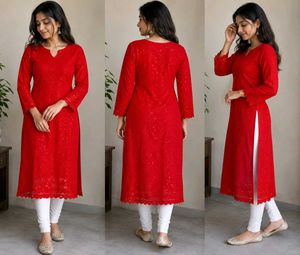 Vibrant Red Chikankari Kurta