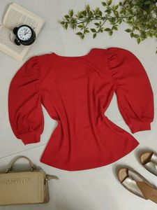 Red Puff Sleeve Square Neck Top