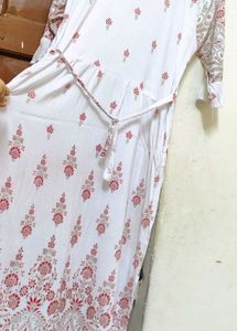 White Kurta with Red Floral Print