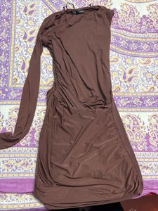 Brown Ruched One-Sleeve Dress