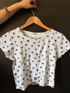 White Palm Tree Print Crop Top